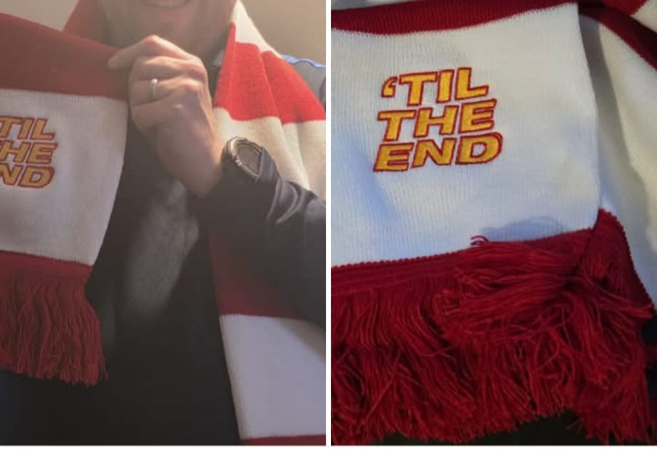 TIL THE END embroidered red and white celebration scarf for Wembley